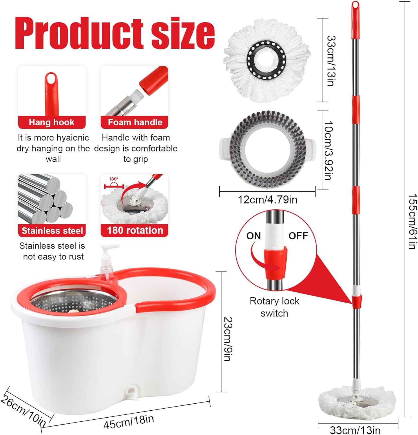SummerVibes Colorful 360° Spin Mop and Bucket Set with 3 Microfiber Refills 61in Stainless Steel Adjustable Extendable Pole Plastic Bucket for General Cleaning, Gifts for Mother's Day