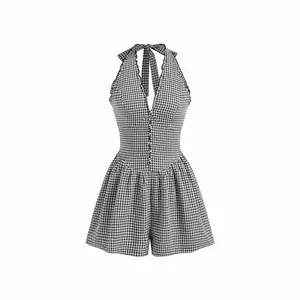 Cider Gingham Halter Neckline Shirred Romper