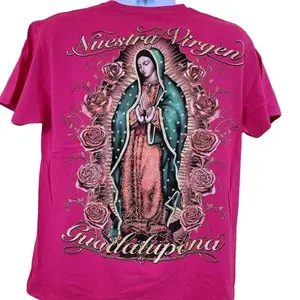 Virgen De Guadalupe NUESTRA VIRGEN GUADALUPANA Virgin Mary Rose Flower glitter  T-Shirt Blue short sleeved comfortable summer tee. Cotton Top Womenswear Breathable Everyday Tshirt Crewneck