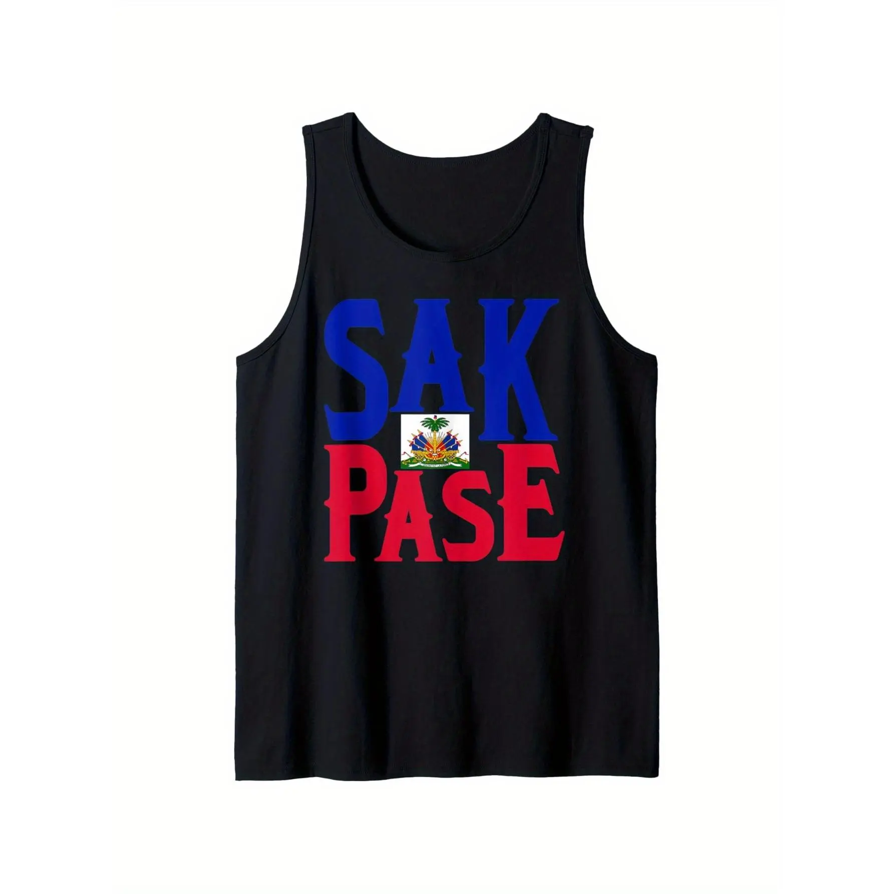 Sak Pase Art Men's 100% Cotton 180g Smooth Sleeveless Sporty Sports Top, Casual Fitness Gym Tank, Single-Sided Haitian Creole Pride Print Black Menswear, Valentine's Day Gift, Sporty Sports Tops