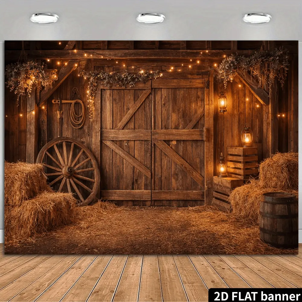 2D Flat Banner, Polyester Flat Banner, Party Backdrop Decoration, Western Wild Valley Barn Backdrop with Vintage Wooden Door and Hay Bale Decor, Accented with String Lights, Suitable for Cowboy-Themed Parties, Party Decor