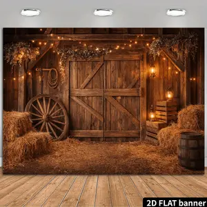 2D Flat Banner, 1pc Western Wild Valley Barn Backdrop with Vintage Wooden Door and Hay Bale Decor, Accented with Warm String Lights, Creates a Cozy and Wild Atmosphere. Suitable for Cowboy-Themed Parties, Photogr, Party Decor