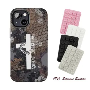 Vintage I Can Do All Things Through Christ Who Strengthens Me Camouflage Phone Case 4PC Silicone Suction Phone Case Mount, For iphone 17 pro case iphone 16 promax 15 14 13 12 & Samsung S25 Ultra, PC & TPU Hybrid Shockproof phone case