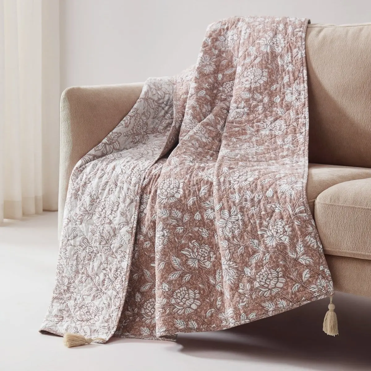 Lush Decor Zara Floral Block Reversible Cotton Cozy Soft Throw Blanket (50x60in) - Decorative Boho Bedding for Bed, Couch, Cozy Throw Blanket