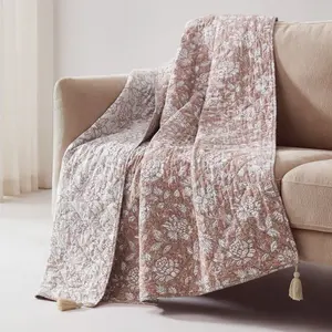 Lush Decor Zara Floral Block Reversible Cotton Throw Blanket 50x60 inches with Flower Block Print for Bed Couch or Chair