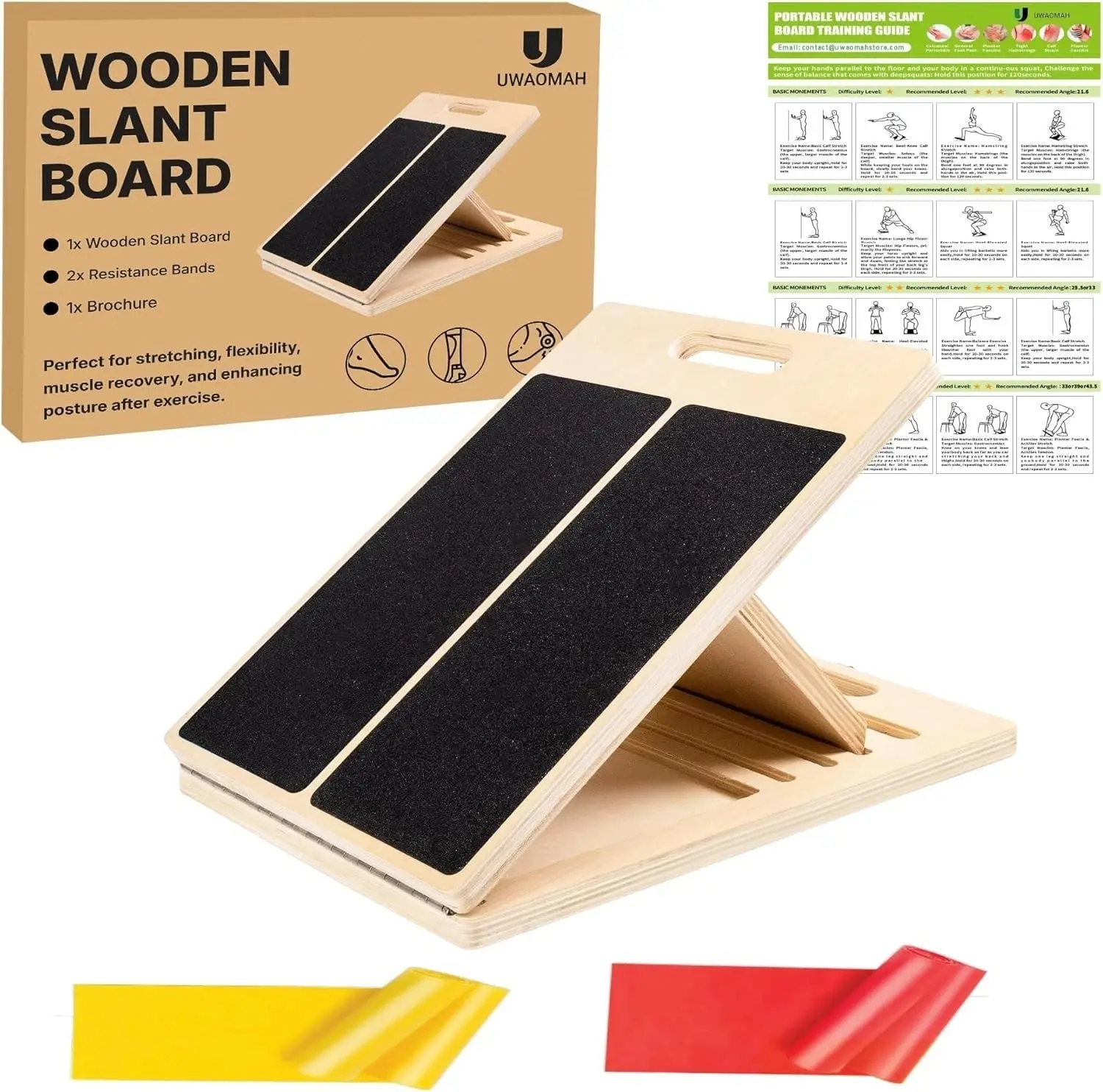 Wooden Adjustable Calf Stretcher Slant Board - Portable Incline Wedge for Squats, Yoga & Heel Workouts to Enhance Flexibility & Strength, Fitness Routine, 14.75X11.8x1.46 Inches, Supports Heel Workouts
