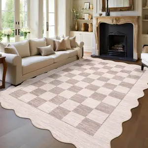 Non-slip Modern Plaid Floor Mats Scalloped Washable Area Rug Foldable Indoor Decorative Carpet for Bedroom Office Dining Room Living Room Laundry Room