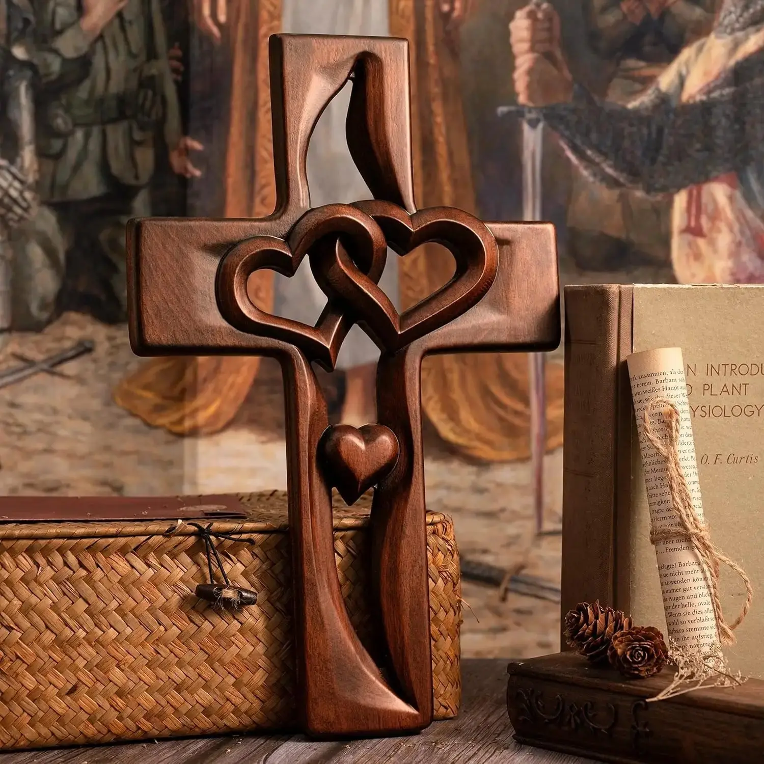 Handmade Intertwined Heart-Shaped Wooden Wall Cross - Elegant Simple Cross Religious Decorations, Indoor Religious Home Decor, Biblical-Themed Church Gift, Stylish Home Supply