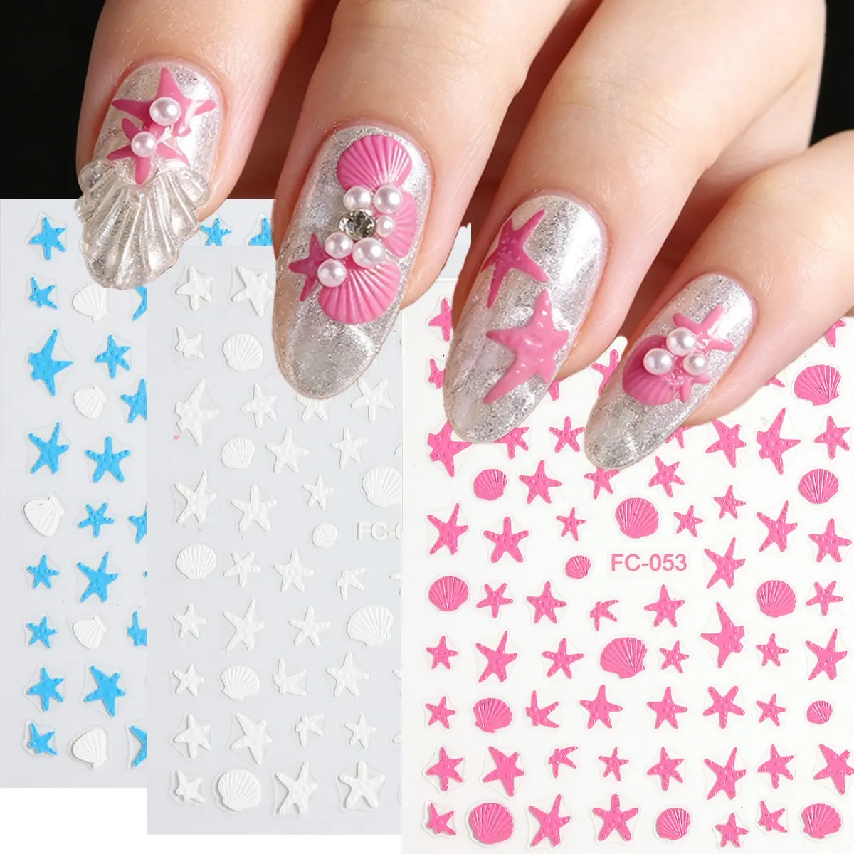 Ocean Beach 3D Nail Stickers, Blue Starfish Shell Patterns, Self-Adhesive Ocean Creatures, Acrylic Press-On Nails, Manicure Accessories