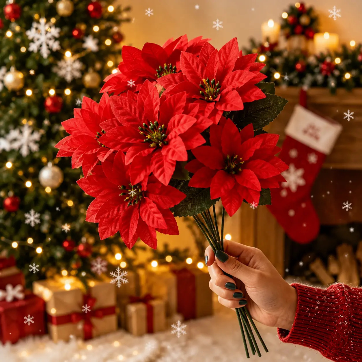 10 Stems Artificial Poinsettia Christmas Flowers, Faux Holiday Floral Bouquet for Christmas Tree, Wreath, Garland & Home Decor