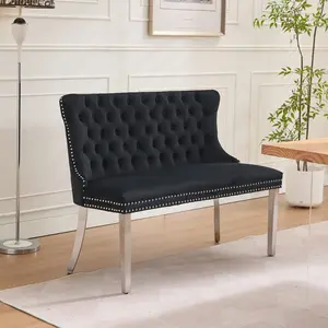 Velvet Double Dining Loveseat Bench, Kitchen & Dining Seating, 2-Seat Tufted Bench w/Handmade Buttons, Wing Back, Brushed Silver Stainless Steel Legs, Mid Century Modern, Single Pack