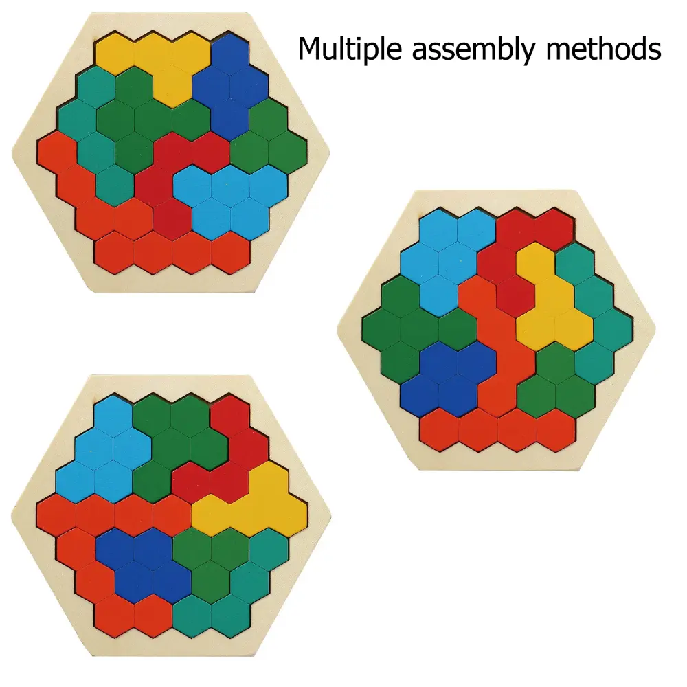 Unisex Solid Wood Hexagon Tangram Puzzle Blocks - Montessori Toys, Colorful Logic Games, Spatial Training Quiet Travel Fidget Gift for Toddlers 3+