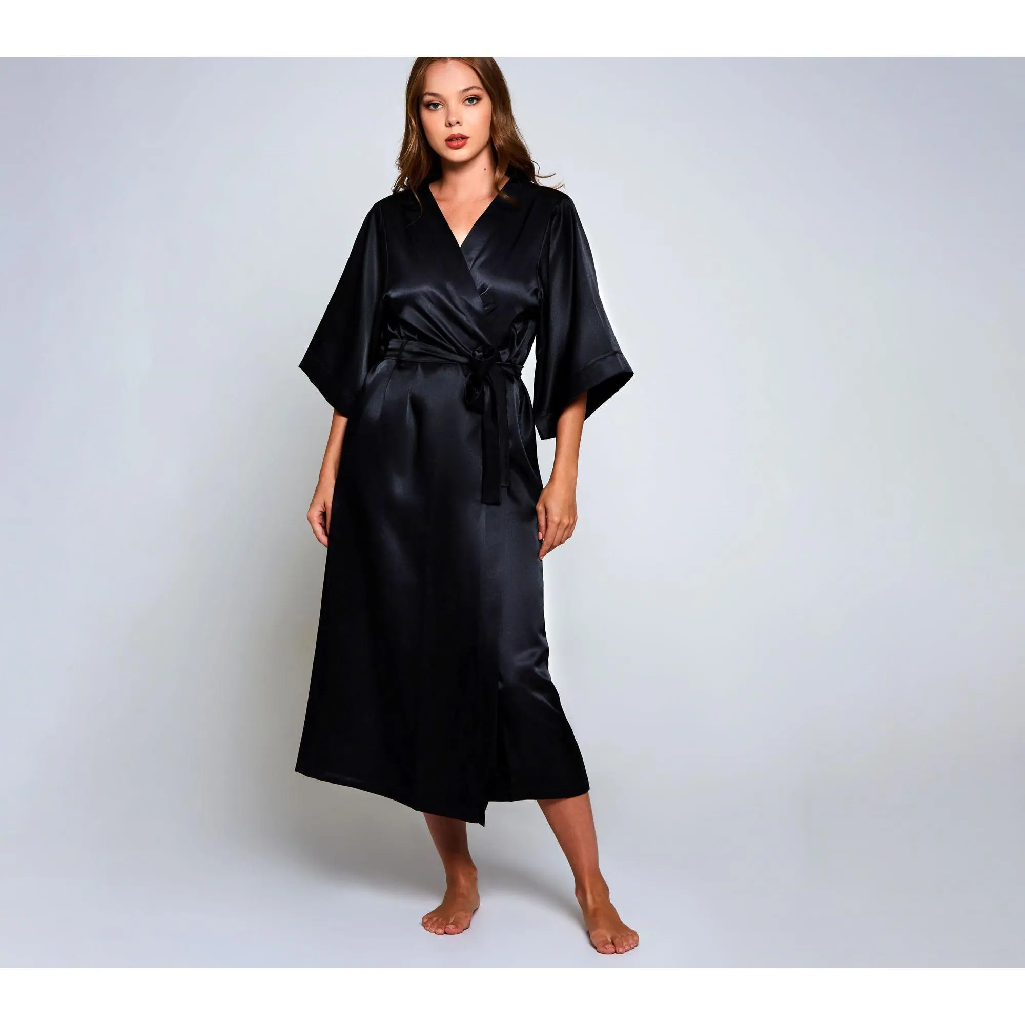 iCollection Satin Glossy Long Robe in Onyx Black
