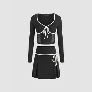Cider [size 2-26] Bowknot Contrasting Binding Lace Crop Corset Top & Pleated Skirt