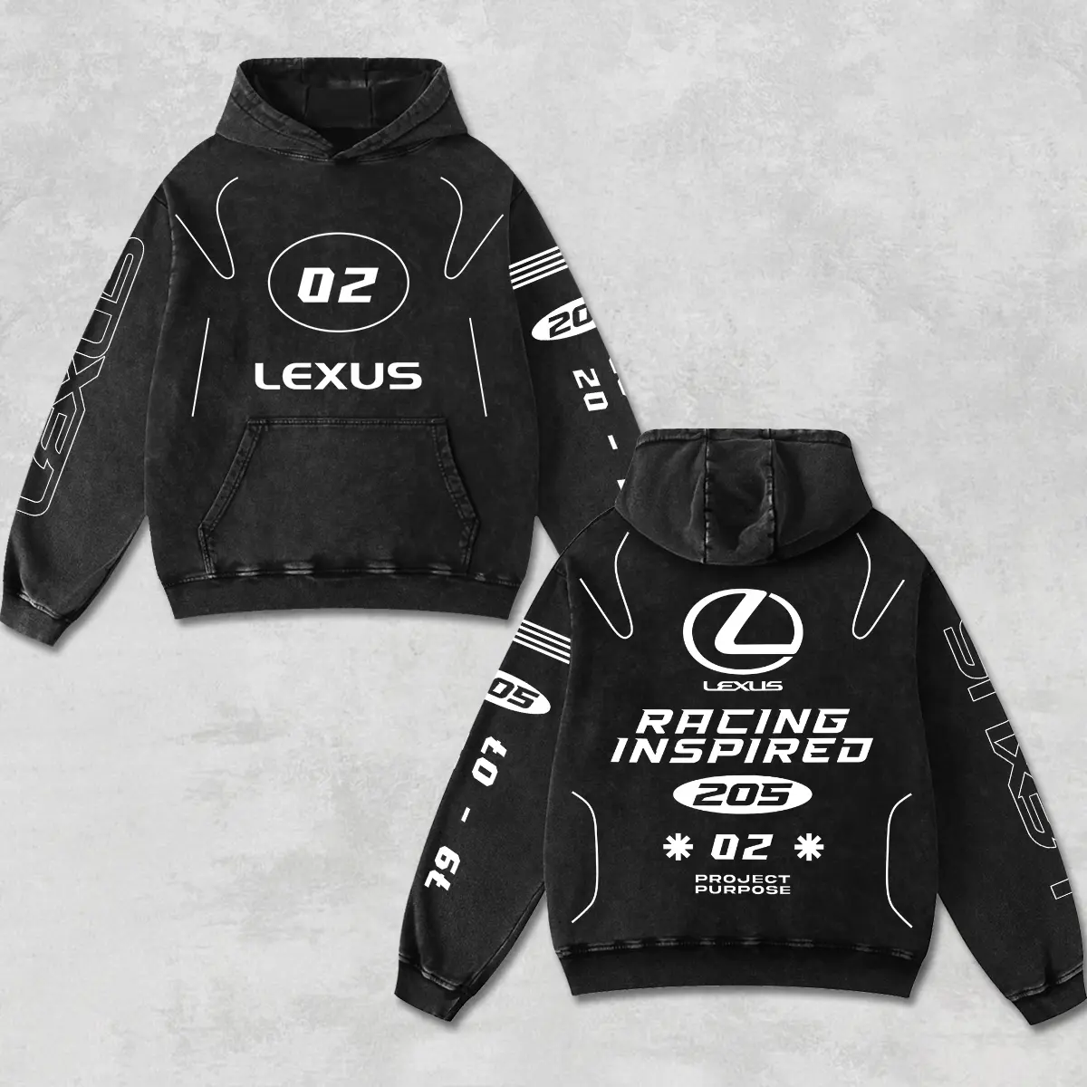Lexus Racing Inspired Hoodie Acid Washed Black, Lexus 02 205 Project Purpose Sweatshirt, JDM Luxury Sport Car Enthusiast Pullover, Vintage Washed Black Motorsport Graphic Top, Japanese Performance Racing Clothes, Unisex Streetwear Casual Outerwear
