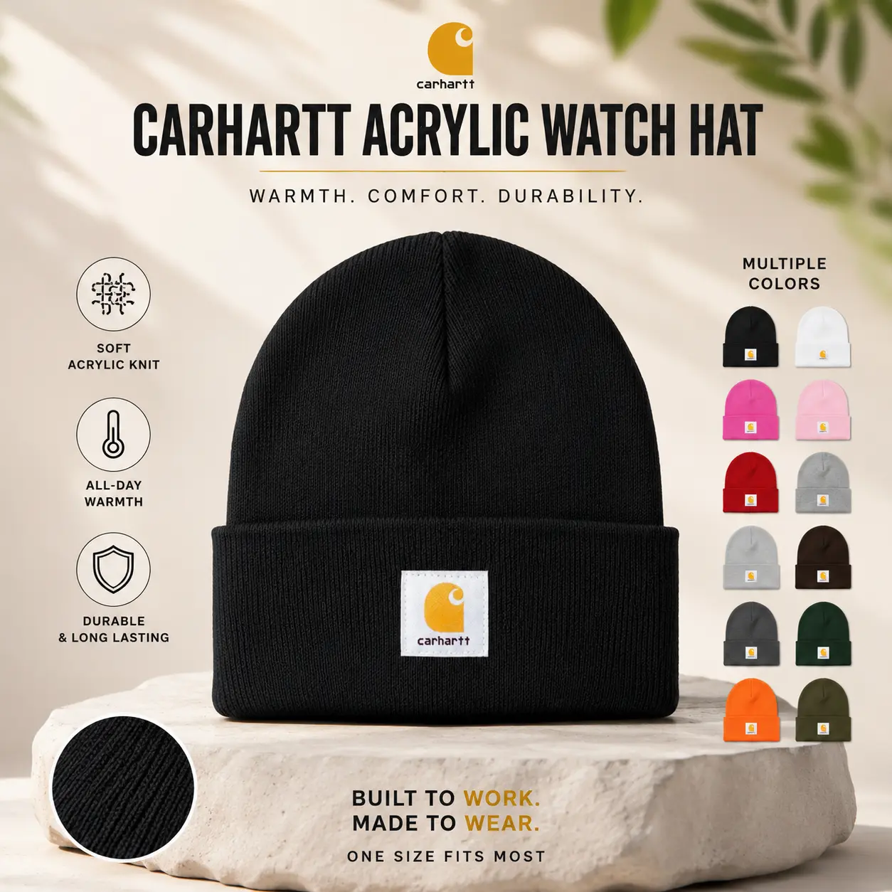 Carhartt Watch Cap Beanie Warm Acrylic Winter Knit Hat for Men Women Comfortable Stretch Cuffed Skull Cap Outdoor Workwear Casual Streetwear Cold Weather Everyday Fashion Adult One Size