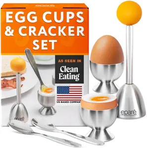 Eparé Egg Topper Cutter - Cups, Spoons & Holder for Soft Boiled Eggs - Egg Cracker Tool Set - Stainless Steel Soft Boiled Cutter
