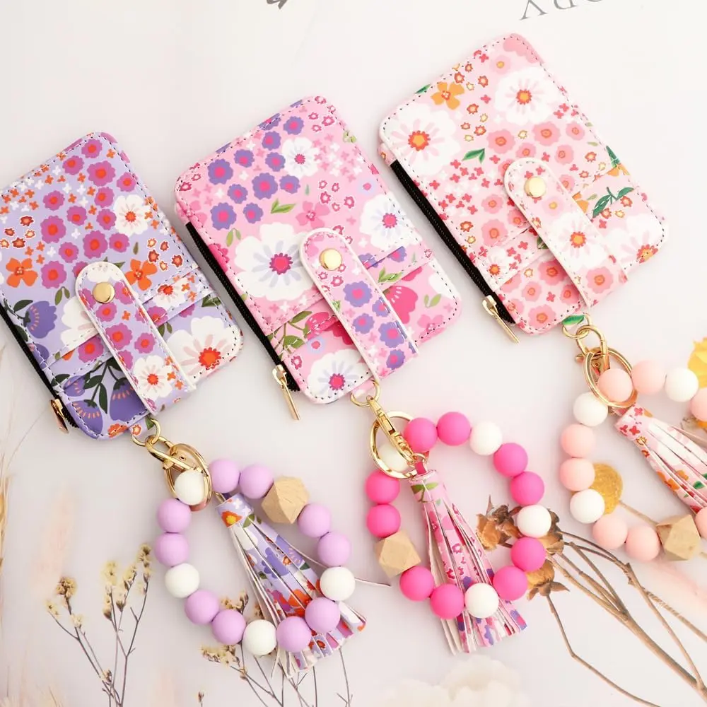 Boho Floral Women's Wristlet Wallet, PU Leather Slim Card Holder Keychain with Silicone Bead Bracelet and Tassel, Pu Leather Wallet, Wallets For Womens Walletchain