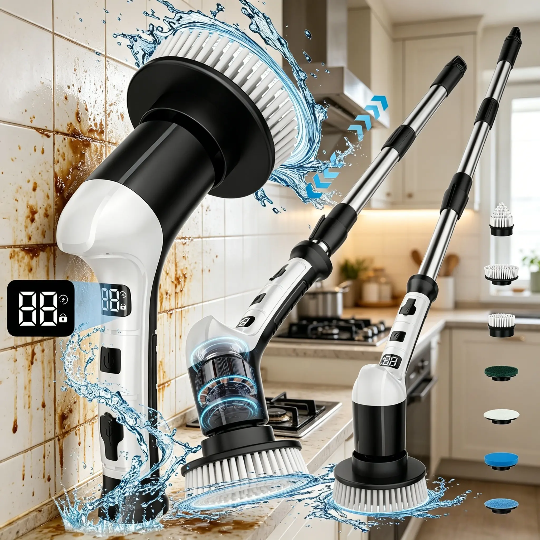 Black LCD Display Electric Surface Cleaner Brush - ABS Plastic, 3-Speed Adjustable, Extendable Handle, Replaceable Head, Waterproof, Fast-Charging, 280 RPM, 100-Min Runtime, Spin Cleaning for Daily Bathroom, Kitchen Use, Fastcharging