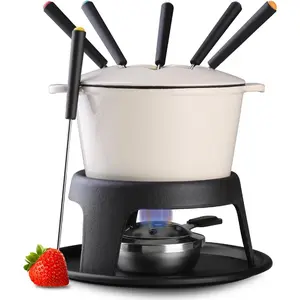 Cast Iron Fondue Pot Set for Chocolate Cheese Swiss Fondue Set for Meat with 6 Fondue Forks, Camping Cheese Fondue Set Serves 6 Persons(White)