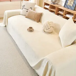 1 PC Chenille Sofa Cover, Universal Sofa Protector, Solid Color with Fringe Design, Scratch-Resistant, Dustproof & Pet-Friendly Sofa Slipcover, Suitable for 1/2/3/4-Seater Sofas, All-Season Living Room Cover, Machine Washable, Bohemian Style