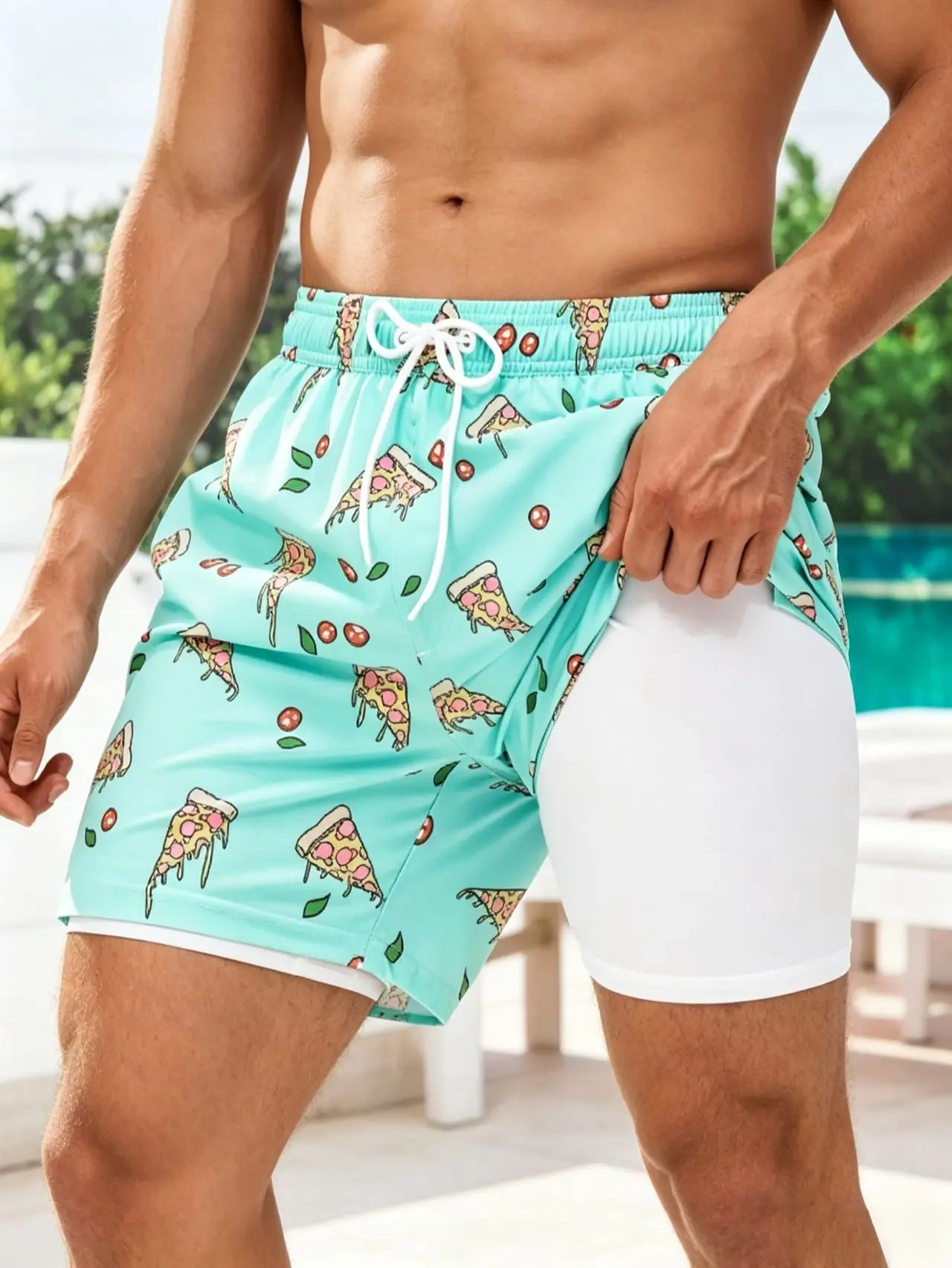 Men's 2-in-1 quick-dry printed surf shorts featuring a built-in liner; breathable and anti-chafe, with a design focused on coverage and protection—suitable for swimming and surfing. Funny Swim Trunks liner