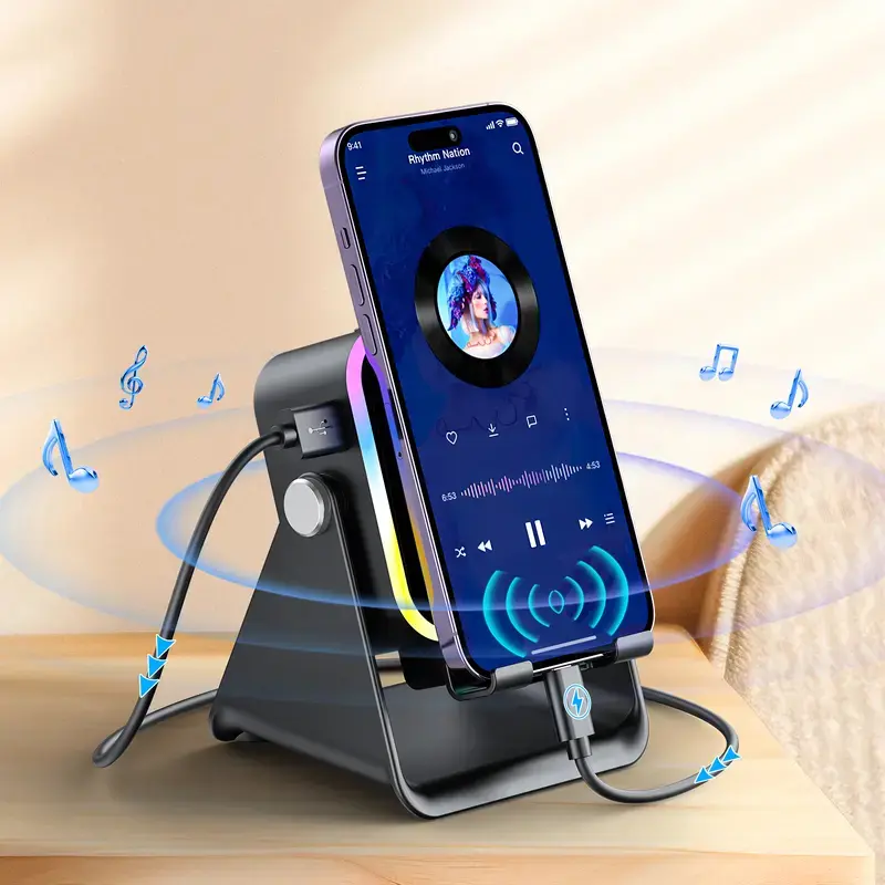 Wireless Induction Audio Speaker Stand 5 in 1 Phone Holder with 3500mAh Power Bank with Colorful Ambient Light Adjustable Desktop Speaker Stand for iPhone Android Back to School Gifts for Men Women Halloween Gift For Girlfriend