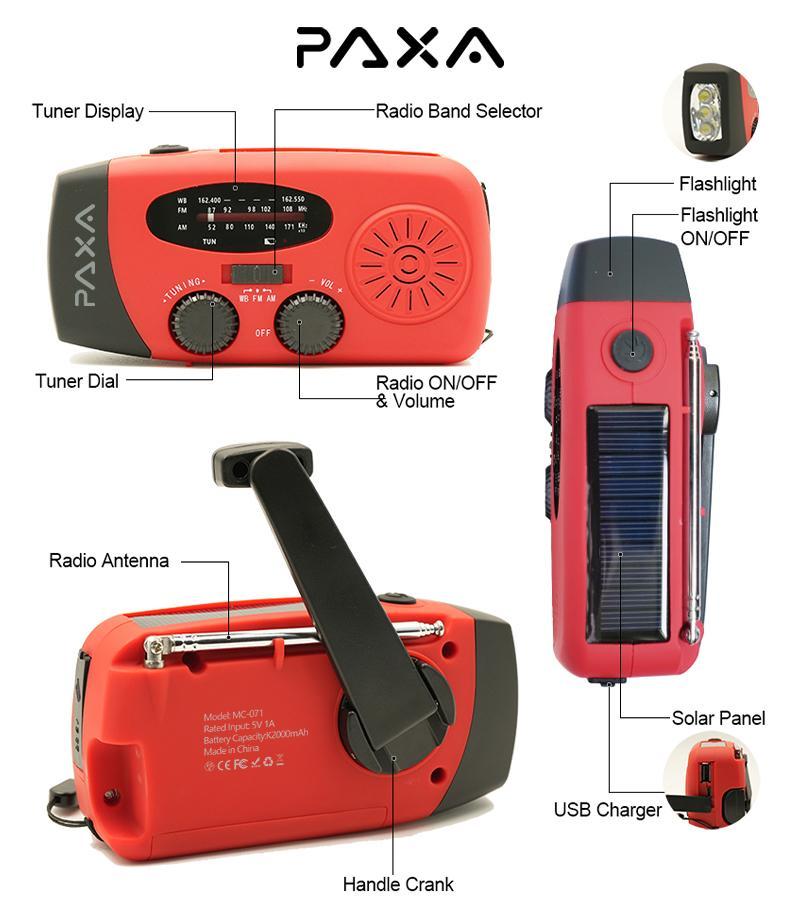 PAXA Compact Solar Powered Hand Crank Radio, Chargeable Power Bank Weather Radio with Flashlight for Charging Phones, Portable Charger Radio with LED Lights
