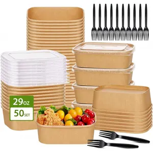 50-Pack 29oz Disposable Kraft Paper Bowls[with Lids and Forks],Meal Prep Containers Disposable To go Food Containers for Easter Parties Take Out Containers, Microwave Safe for Hot/Cold Food