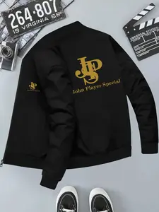 Trendy Retro Letter Baseball Jacket, Gold Colorblock Print, Spring Autumn Versatile Outerwear, Casual Long Sleeve Pullover, Sweatshirt Jacket