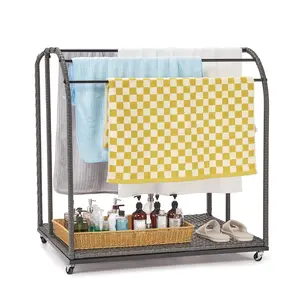Freestanding Poolside Outdoor Towel Rack, Rattan Base and 5 Towel Bars, Storage Organizer with Compartments for Pool Floats, Swimming Rings Suitable for Outdoor/Indoor, Grey