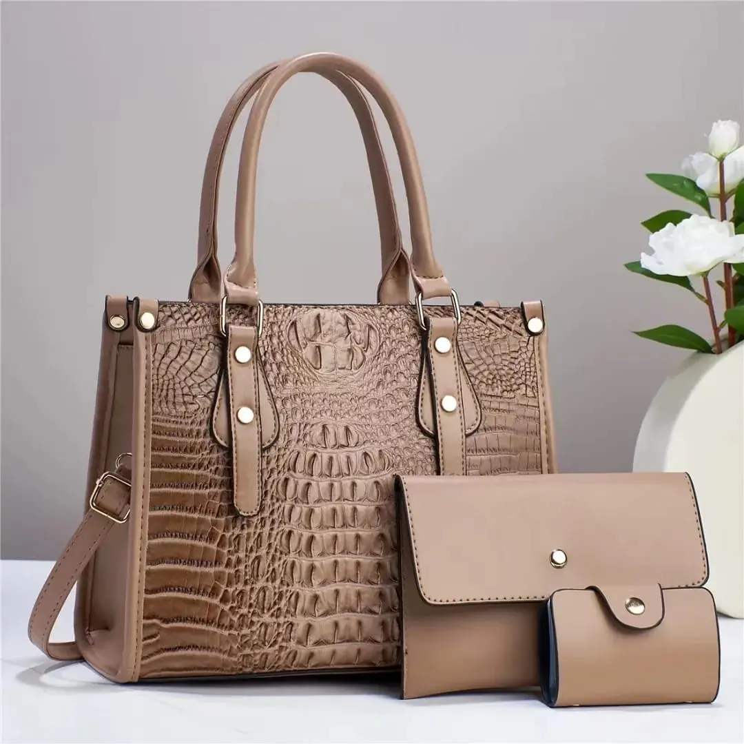 Women's Crocodile Pattern Embossed PU Leather Large-Capacity Tote Bag Set with Matching Clutch and Card Holder, Elegant Daily Use