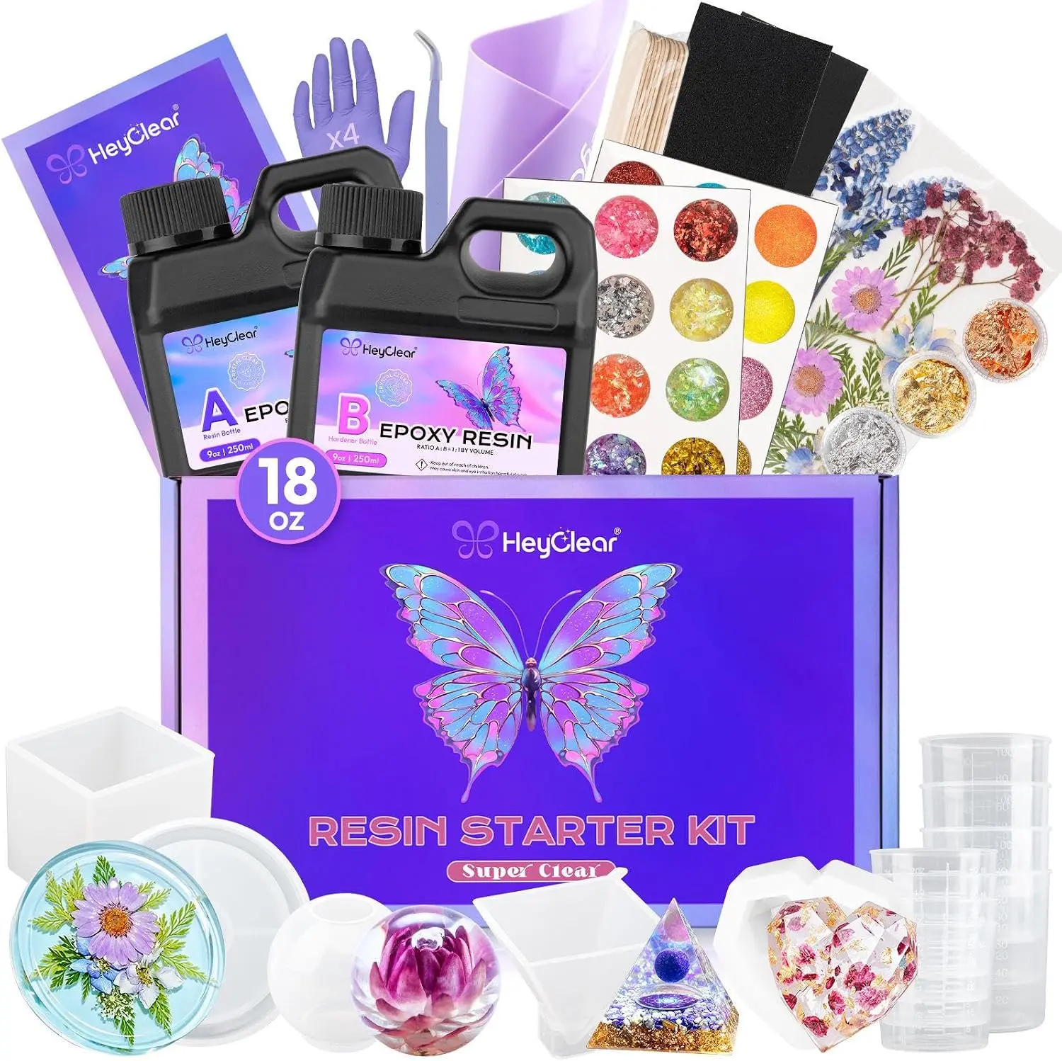 HeyClear Epoxy Resin Kit with Molds for Beginners -18 oz Super Clear and Hard Resina Complete Craft Supplies Set for Starter Casting Arts Crafts for Adults, DIY Creation Gifts