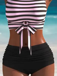 Fashion Twist Detail Design Striped Pattern Two-Piece Bikini Swimsuit Set, Simple Beach Bikini Vacation Swimwear, Stylish Summer Bathing Suit for Women, All Seasons