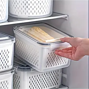 Food storage container, including drainage basket and airtight lid |   Transparent, leak proof refrigerator storage box, reusable, microwave/dishwasher safe |   Available in small, medium, and large sizes, set storage box
