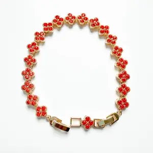 14k Gold Filled Clover Link Bracelet Red Round CZ Prong Set 7.5in