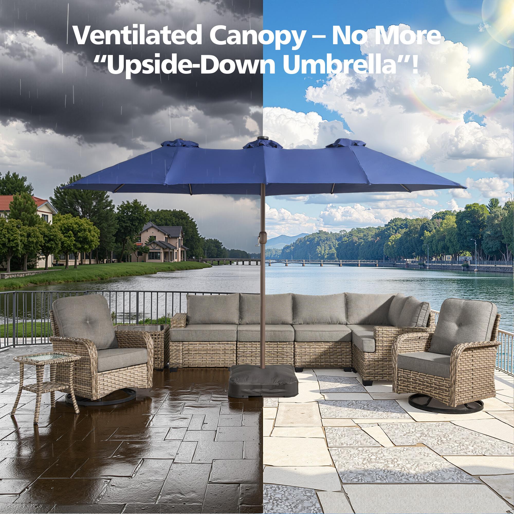CAODOC 15FT Large Outdoor Patio Umbrella With Base, Rectangular Market Table Sun Parasol Umbrella, Crank, Steel Ribs and Pole for Garden, Backyard,Sand, Pool,Summervibes