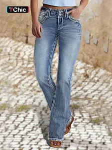 Women's Ombre Ripped Flare Leg Stretchy Jeans, Fashion Casual Button Pocket Denim Trousers for Daily Outdoor Wear, Ladies Bottoms for Spring & Fall