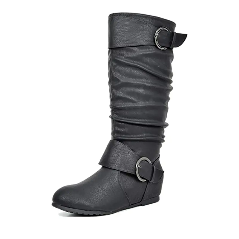 Dream Pairs Women's Wide Calf Suede Leather Knee High Boots with Hidden Wedge Lift, Platform Design, Round Toe & Full-Length Zipper, Footwear, Business, Tpr Outsole, Pu/Soft Suede, Full-Length Zipper For Smooth Entry, 2 In, Low Heel (1-3 Cm)