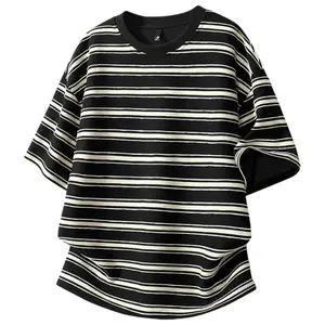 Retro color-block striped men’s short-sleeve T-shirt for summer — loose fit, crew neck, breathable, trendy, versatile casual style for young men
