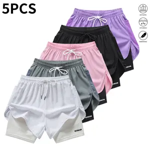 Pack of 5 women’s casual athletic shorts, solid color, faux two-piece design with built-in liner, elastic drawstring waistband, suitable for outdoor fitness, running, sports, and casual wear; women’s shorts
