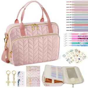 Bible Cover Case for Women, Large Qilted Bible Case with Shoulder Strap,Study Supplies and Highlighters Accessories - Perfect Christian Gift for Church, Travel (Pink,one Size)