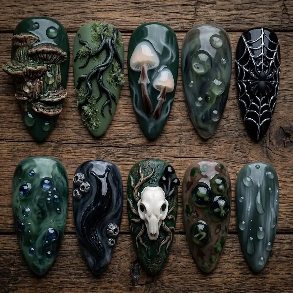 Handmade Press-on Nails - Dark Forest Oddities Design with 3D Mushroom, Skull, Snail Art - Beauty Nail Care Accessory