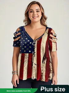 【Plus Size】 American Flag Print Zipper Tee, Casual Shortsleeve T-shirt for Summer, Women's Plus Clothing for Daily Wear, Casual Tee Tops, Casual Everyday Wear