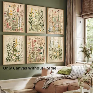 Set of 6 Unframed Vintage Wildflower Botanical Meadow Posters - Ferns & Flower Plant Prints, Landscape Wall Art for Bedroom, Living Room Decor, Modern Home Decor, Housewarming Gift, Canvas Paintings (Wildflower Collection), Home And Room Decoration