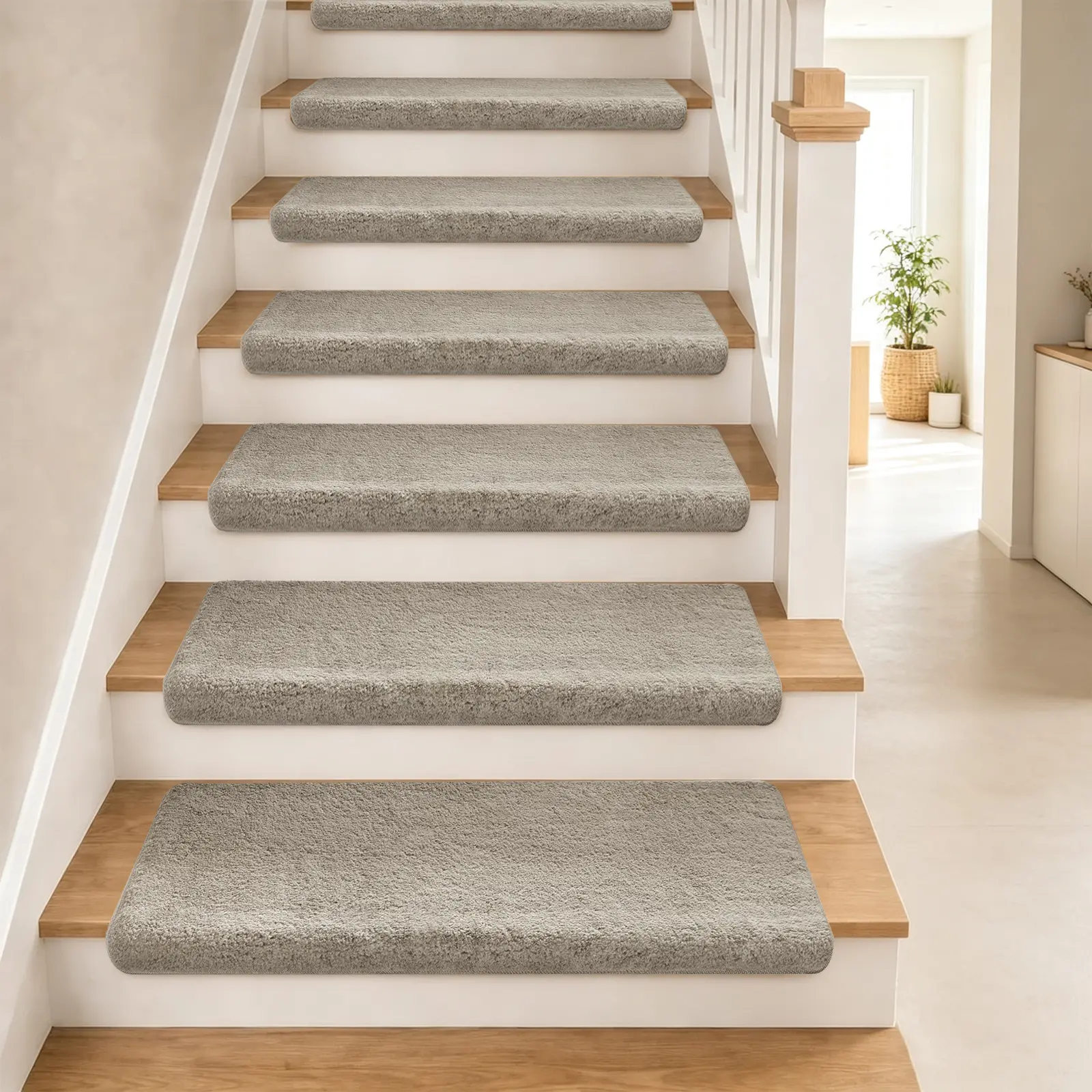 Self-Adhesive Ultra Plush Bullnose Carpet Stair Runner for Wooden Steps, 9.5"x30" Indoor Peel-and-Stick Non-Slip Stair Treads, Reusable, Easy to Install, Sturdy, Non-Slip Skid-Resistant Tape-Free Cleanable for Dogs and Elders Washable Mat Set