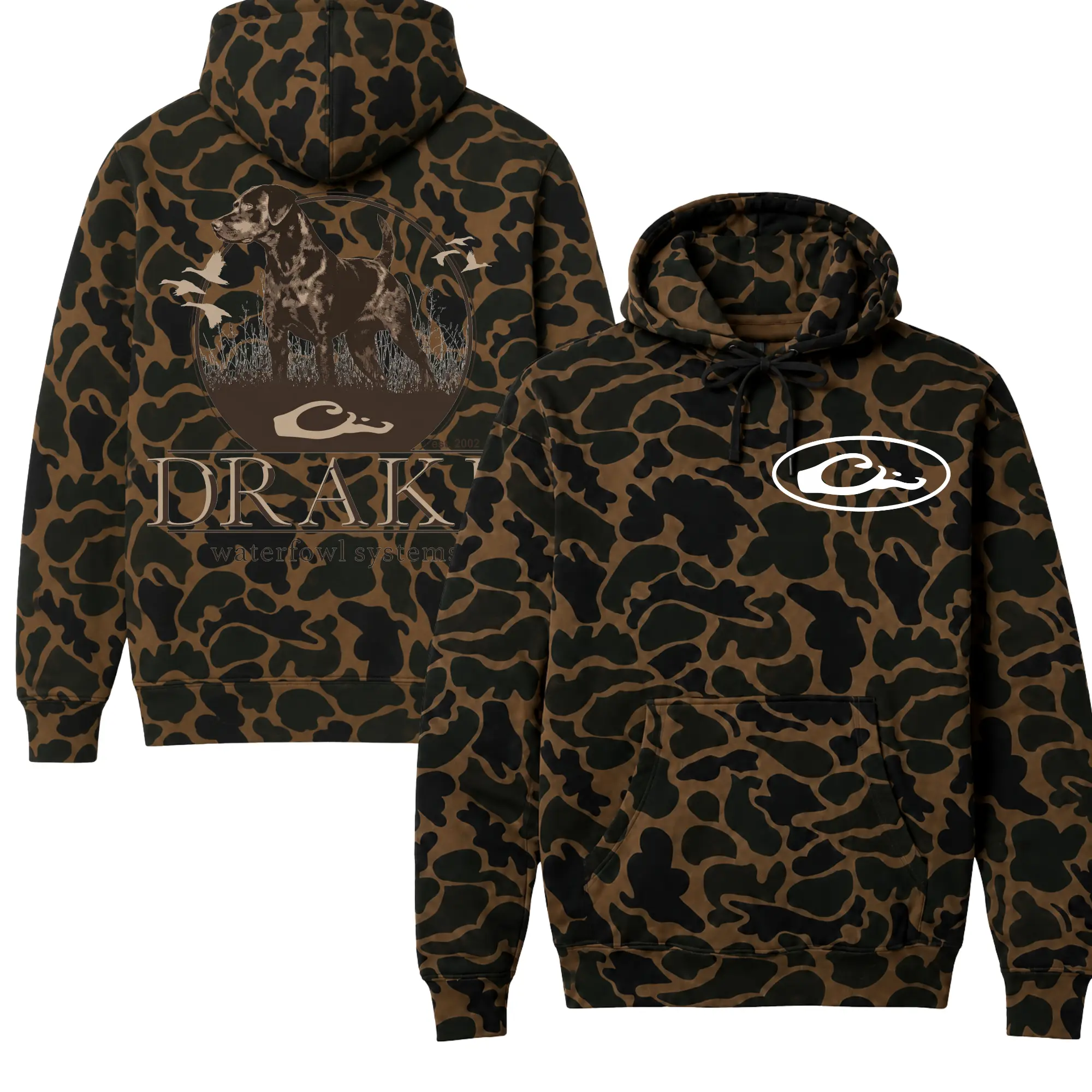 Vintage Drake Hunting Camo Hoodie for Men, Drake Waterfowl Systems Graphic Pullover Hooded Sweatshirt, Outdoor Waterfowl Hunting Hoodie