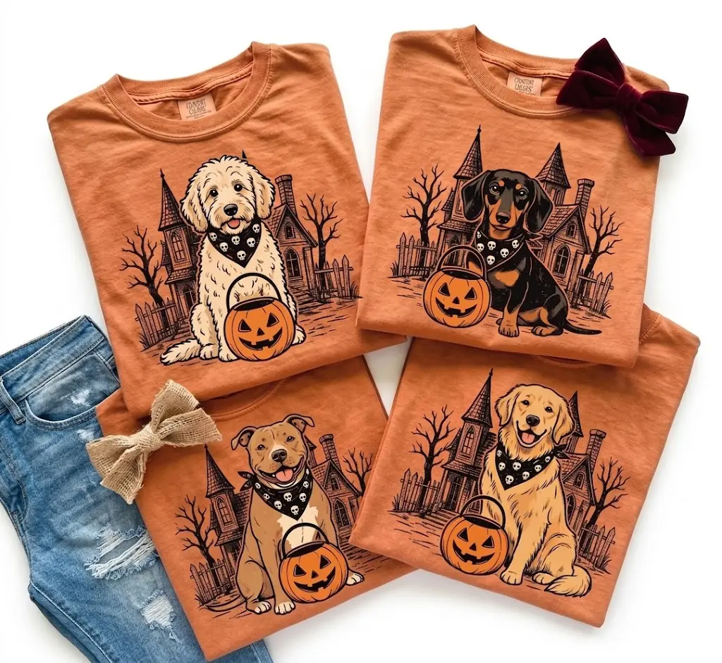 50 Dog Breeds! Spoooky Halloween T-Shirt - Pumpkin Pail & Haunted House