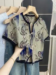Boho Casual Vacation Style Loose Round Neck Colorblock Nut Flower Print Short Sleeve Knit Top, Front Tie Design, Women's Spring Summer
