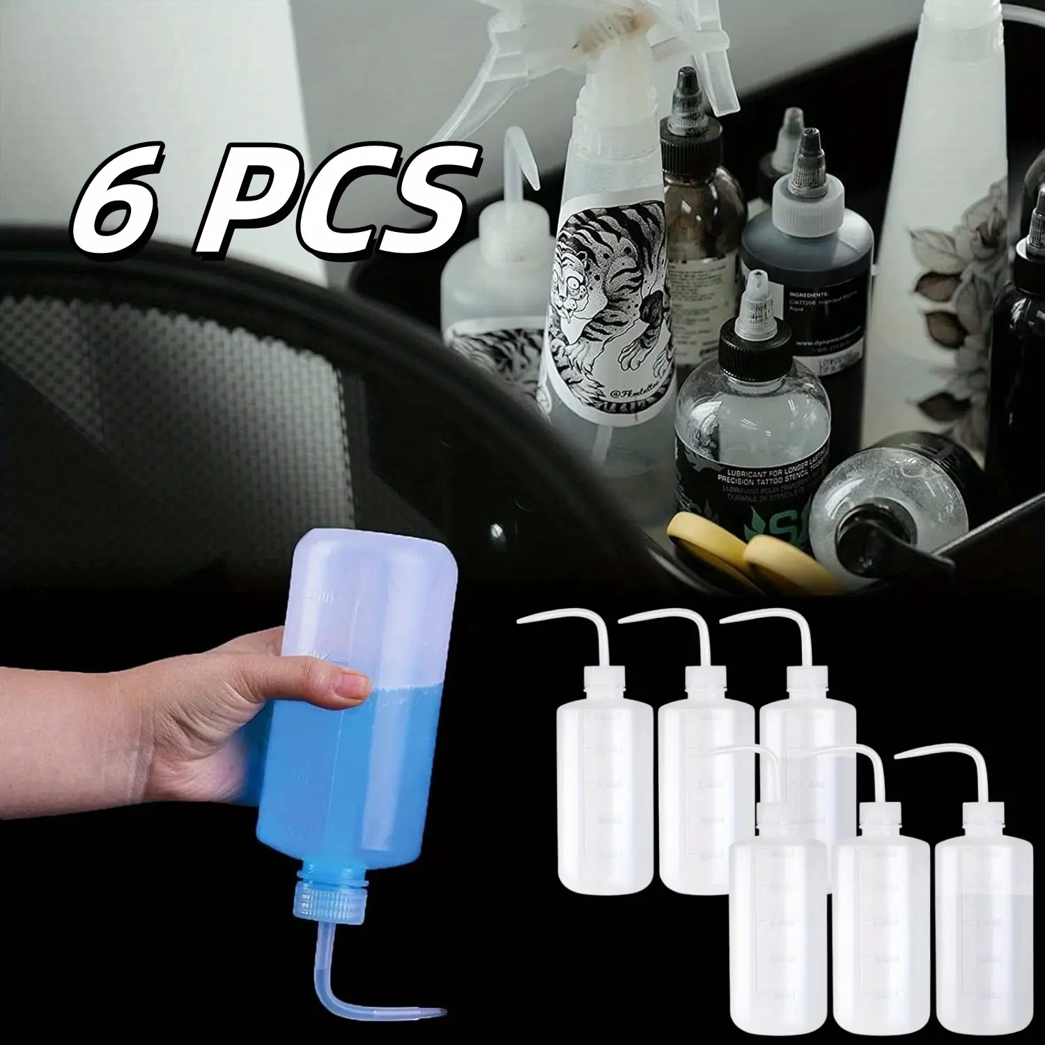6PCS 500ml Plastic Safety Wash Bottles - Lab Squeeze LDPE Squirt Tattoo Bottle With Narrow Mouth and Scale Labels (17oz x 6)
